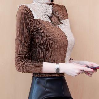 Long-sleeve Embellished Velvet Mock-neck Top