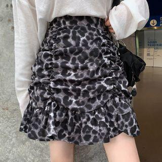 Leopard Print Shirred Mini A-line Skirt