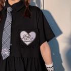 Applique Pocketed Short-sleeve Dress Black - One Size