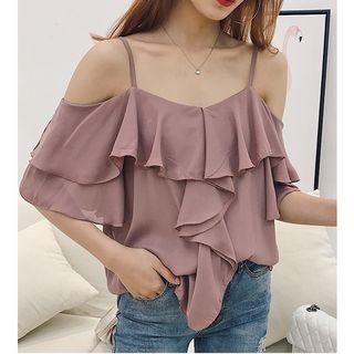 Frilled Open Shoulder Chiffon Top