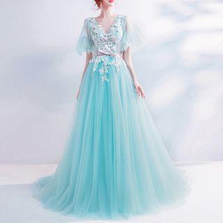 Lace Appliqued Elbow-sleeve A-line Evening Gown