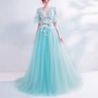 Lace Appliqued Elbow-sleeve A-line Evening Gown