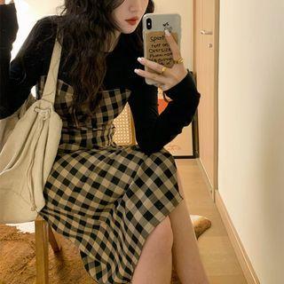 Long-sleeve Mock Two-piece Gingham Midi Sheath Dress