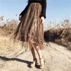 Shirred Tulle-overlay Midi Dress