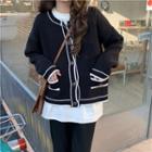 Long-sleeve Contrast Trim Knit Cardigan Black - One Size