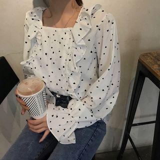 Long-sleeve Heart Patterned Chiffon Top