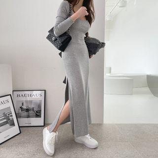 Square-neck Deep-slit Maxi Bodycon Dress