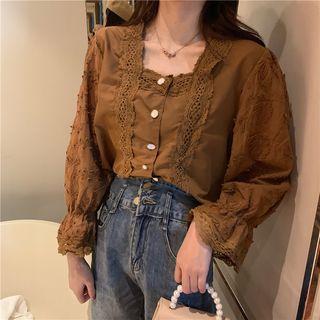 Bell-sleeve Square Neck Crochet Blouse