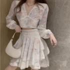 Long-sleeve V-neck Open-back Lace Trim Crop Top / Fringed Tiered Mini A-line Skirt