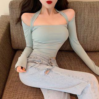 Off-shoulder Cropped Long-sleeve Top Aqua Blue - One Size