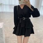 Set: Long-sleeve Mesh Mini Dress + Belt