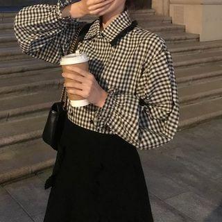 Long-sleeve Plaid Shirt 1036 - Top - Plaid - Black & White - One Size