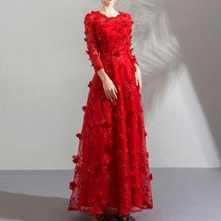 Flower Applique A-line Evening Gown