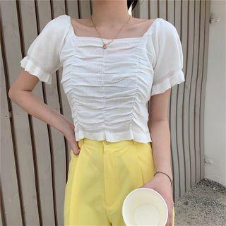 Short-sleeve Square-neck Shirred Knit Cropped Top
