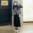Houndstooth Vest / Long-sleeve Knit Top / Midi A-line Skirt