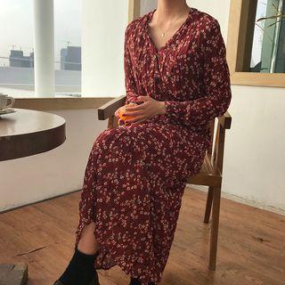 Floral Print Crinkled Dress Red - One Size