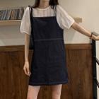 Plain Short-sleeve Blouse / Mini Denim Jumper Dress