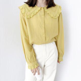 Lace Trim Peter Pan Collar Long-sleeve Blouse