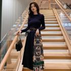 Patterned Long-sleeve Accordion Pleat Midi Dress