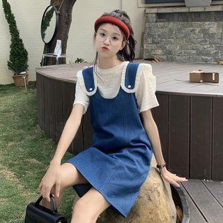 Ruffle Trim Denim Overall Dress / Short-sleeve Crew Neck Top