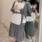 Set: Knit Vest + Long-sleeve Floral Print Midi A-line Dress