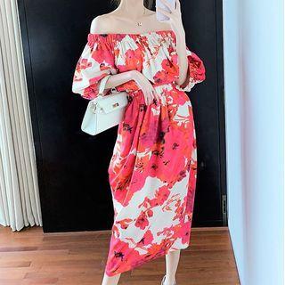 Elbow-sleeve Cold Shoulder Floral Midi Dress