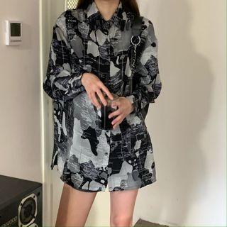 Map Pattern Print Long-sleeve Shirt Black - One Size