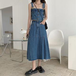 Wide Strap Denim Crop Top / Midi A-line Skirt