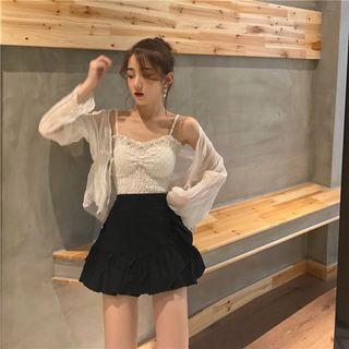 Spaghetti-strap Shirred Top / Tie-front Light Jacket / Frill Trim Culottes