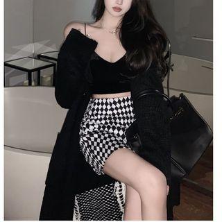 Velvet Cropped Camisole Top / Argyle Mini Pencil Skirt / Plaid Panel Long Cardigan