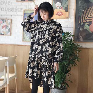 Set: Long-sleeve Floral A-line Dress + Knit Vest