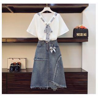 Short-sleeve Top / Denim A-line Skirt / Set