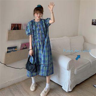 Short-sleeve Ruffled Plaid Midi A-line Dress As Shown In Figure - One Size