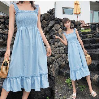 Wide-strap Smocked Denim Dress