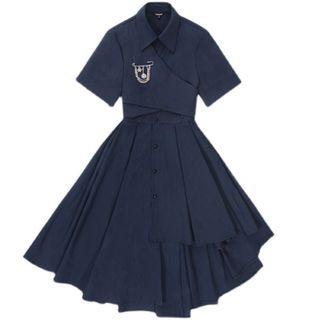 Short-sleeve Embellished Irregular A-line Shirtdress