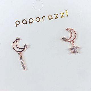Non-matching Rhinestone Moon & Star Earring 1 Pair - Rose Gold - One Size