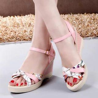 Printed Faux-leather Wedge Sandals