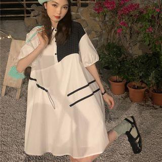 Short Sleeve Collared Panel Dress As Shown As Figure - One Size