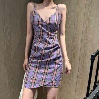 Spaghetti Strap Plaid Mini Sheath Dress / Dotted Mesh Long-sleeve Blouse