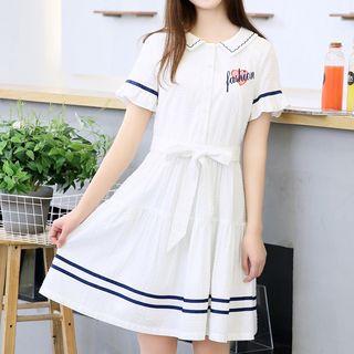 Embroidered Tie-waist Short-sleeve A-line Dress