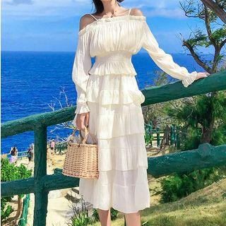 Set: Long-sleeve Top + Tiered Midi Skirt