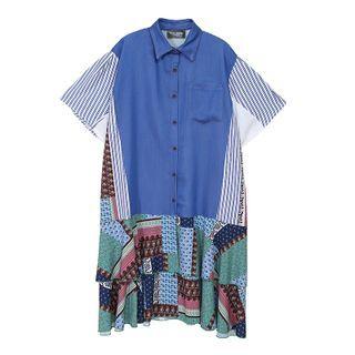 Elbow-sleeve Striped Panel Midi Shirtdress Blue - One Size