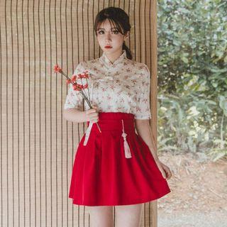 Elbow-sleeve Hanbok Top (floral / White)