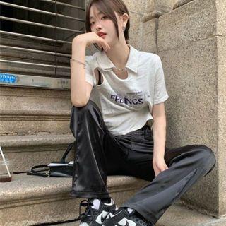 Short-sleeve Collar Lettering Cut-out T-shirt