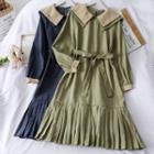 Dual-collar Pleated A-line Dress With Sash