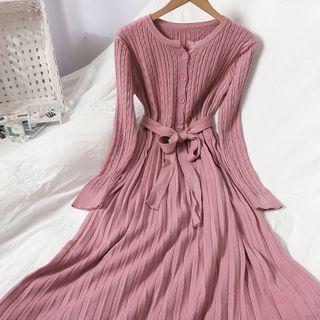 Long-sleeve Cable-knit Midi A-line Dress