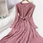 Long-sleeve Cable-knit Midi A-line Dress