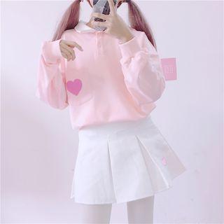 Heart Applique Pullover With Polo Collar