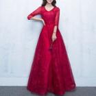 3/4-sleeve Embellished Lace Evening Gown
