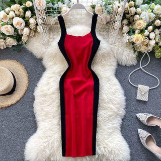 Wide Strap Two-tone Midi Knit Dress